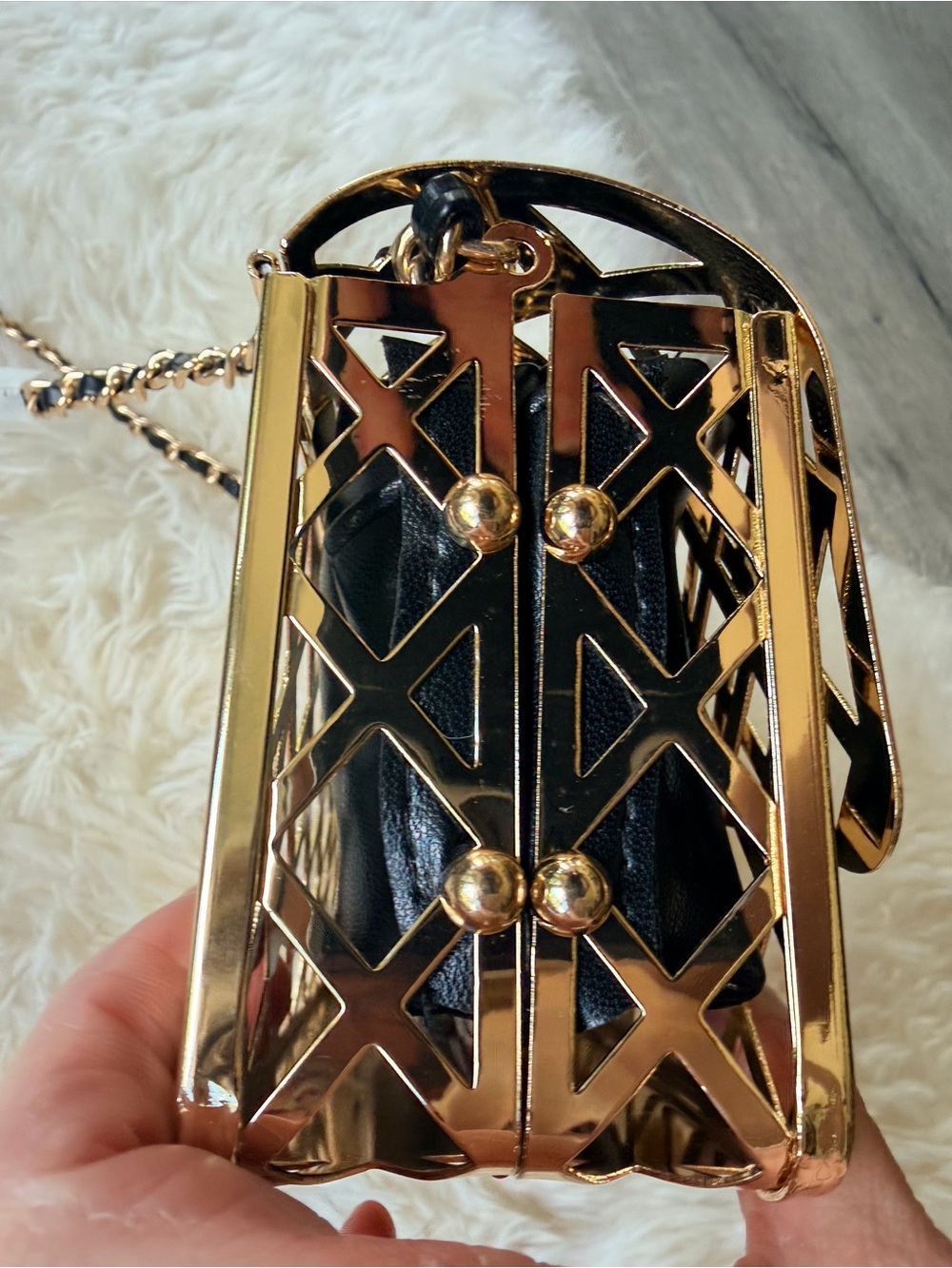 NEW Source Unknown Gold Cage Bag w Leather Branded Insert Box sealed w cellophan - Picture 7 of 16